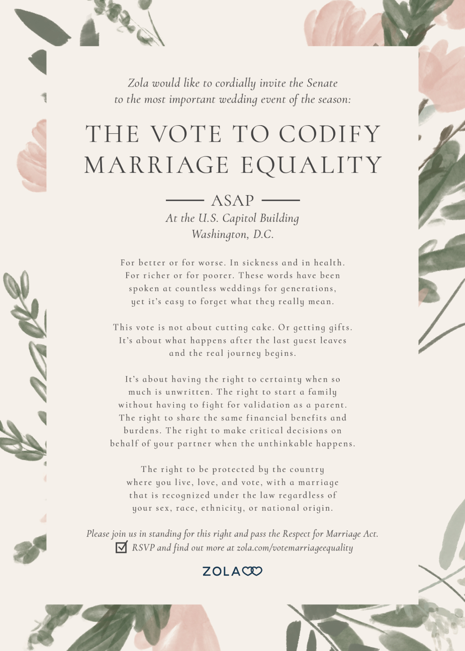 Zola Is Sending a Wedding Invite to the Entire Senate in Response to the  Respect for Marriage Act