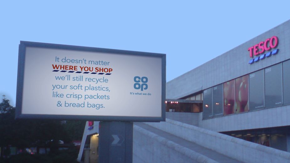 Co-op Soft Plastic Recycling Campaign Continues as OOH Ads Appear Outside Rival Stores